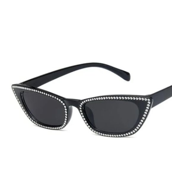 Solid Black Rhinestone Cat Eye Sunglasses - Picture 3 of 3